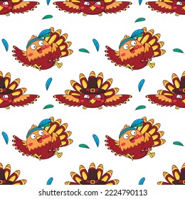 Seamless pattern with cute cartoon turkeys wearing a pilgrim hat and Indian headband with feathers runs and flies