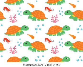 Seamless pattern of cute cartoon turtle, shrimp, shells on the water.Turtle in the sea. Simple print. Vector illustration for print, wrapping paper, textile, wallpaper, screensavers