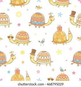 Seamless pattern with cute cartoon turtles and birds on white background. Roller skates and sunglasses. Funny animals. Summer time. Vector contour image.