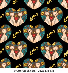 Seamless pattern with cute cartoon two cat in heart shape. Vector illustration.