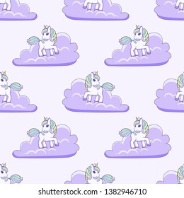 Seamless pattern with cute Cartoon Unicorn and clouds. Vector illustration
