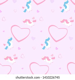 seamless pattern with cute cartoon unicorn design on pink background and hearts