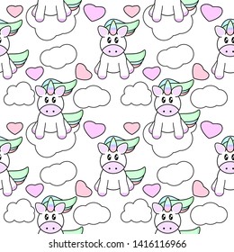 seamless pattern with cute cartoon unicorn, hearts and clouds design on white background
