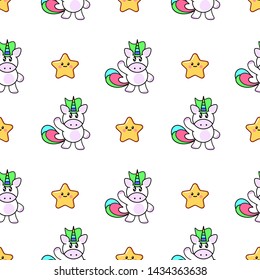 seamless pattern with cute cartoon unicorn and stars design on white background