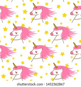 Seamless pattern with cute cartoon unicorns and stars for Your magic design
