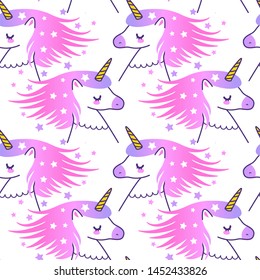 Seamless pattern with cute cartoon unicorns and stars for Your magic design 