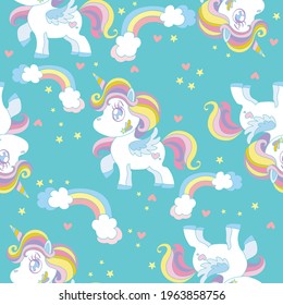 Seamless pattern with cute cartoon unicorns and rainbows on turquoise background. Vector illustration for party, print, baby shower, wallpaper, design, decor, linen, dishes, bed linen and kids apparel