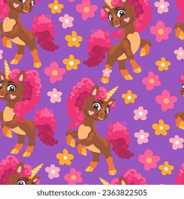 Seamless pattern with cute cartoon unicorns with pink curly mane and flowers on purple background. Vector illustration for party, print, baby shower, wallpaper, design, decor, linen, dishes, apparel