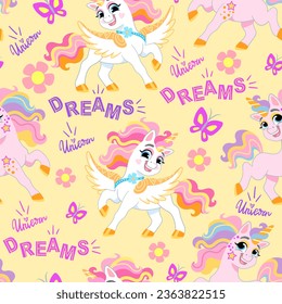 Patrón sin foco con adorables unicornios de dibujos animados y sueños de letras sobre fondo amarillo. Ilustración vectorial para fiesta, imprenta, ducha de bebé, papel pintado, diseño, decoración, lino, vajilla, ropa de cama