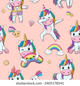 Seamless Pattern with cute cartoon unicorns