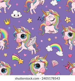 Seamless Pattern with cute cartoon unicorns