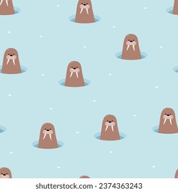 Seamless pattern of cute cartoon walrus in the ice hole. Background wallpaper for kids with a funny arctic animal.