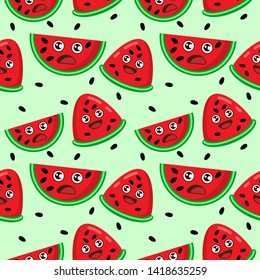 seamless pattern with cute cartoon watermelon design on green background.