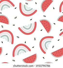Patrón sin foco con una linda sandía de dibujos animados y arco iris para imprimir tela, textil, papel de envoltura de regalo. vector colorido para los niños, de estilo plano