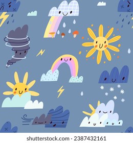 Seamless pattern of Cute cartoon weather icons. Emotional weather forecast. Vector of symbols for different weather or seasons. Children's illustration of sun, rain, storm, snow, wind, rainbow, clouds