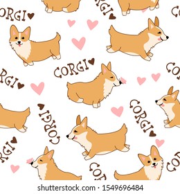 Seamless pattern with cute cartoon Welsh Corgi and hearts