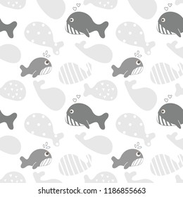 Seamless Pattern of Cute Cartoon Whale Design on White Background