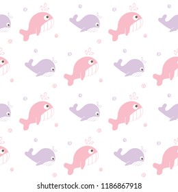 Seamless Pattern of Cute Cartoon Whale and Dot Design on White Background