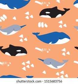 Seamless pattern with cute cartoon whale, orca, narwhal on orange background. Vector sea background for kids. Character design for fabric, textile, decor, children invite, baby shower