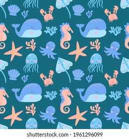 Seamless pattern with cute cartoon whale, octopus, jellyfish. Vector graphics, pastel colors on green background. For decorating notebooks, packaging, posters, postcards, wallpaper, wrapping paper