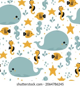 Patrón sin foco con adorables dibujos animados de ballena y pescado para impresión de tela, textil, papel de envoltura de regalo. vector colorido para textil, de estilo plano