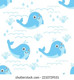 Seamless pattern cute cartoon whale background. flat vector illustration