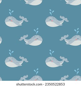 Seamless pattern with cute cartoon whale. Kids sea animals design for print, textile. Vector illustration