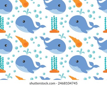 Patrón sin fisuras de la ballena tierna de dibujos animados, conchas, algas. Ilustración vectorial para impresión, textil, decoración de la pared, papel de embalaje, Fondo de pantalla, eps 10