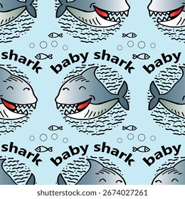 Seamless pattern with cute cartoon whale and fish. Vector illustration.