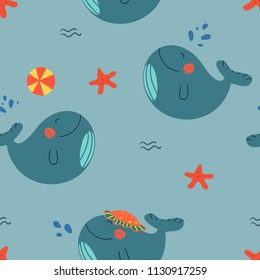 Seamless pattern with cute cartoon whales enjoying summer. One blue whale plays ball with another, the third one in the hat. Lovely childish vector texture for fabric, textille, backgrounds and cards.