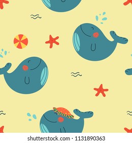 Seamless pattern with cute cartoon whales enjoying summer. One blue whale plays ball with another, the third one in the hat. Lovely childish vector texture for fabric, textille, backgrounds and cards.