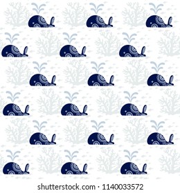 Seamless pattern with cute cartoon whales. Cute marine pattern for baby clothes, fabric, textile, wrapping paper. Cartoon animals vector illustration