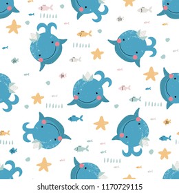 Seamless pattern with cute cartoon whales with starfishes and small fishes. Vector sea background for kids. Child drawing style. Design for fabric or decor.