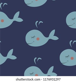Seamless pattern with cute cartoon whales, children theme, vector illustration