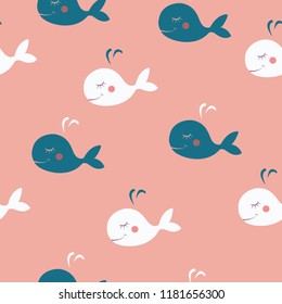 Seamless pattern with cute cartoon whales on pink background, children theme, vector illustration
