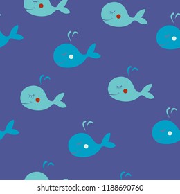 Seamless pattern with cute cartoon whales, children theme, vector illustration