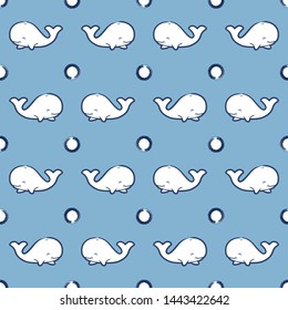Seamless pattern with cute cartoon whales on polka dots background. Vector sea background for kids. Child drawing style cartoon baby animals underwater illustration. Design for fabric, textile, decor.