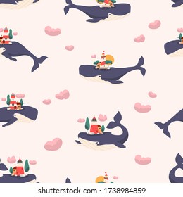 Seamless pattern of cute cartoon whales with lighthouses. Trendy vector illustration.