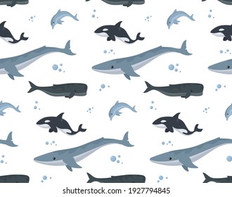 Seamless pattern of cute cartoon whales and dolphin icons. Marine theme background with sea animals.