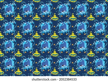 Seamless pattern with cute cartoon whales and submarines on dark blue sea background. cartoon vector illustration. Design for fabric, textile, decorate for kids, wallpaper, wrapping paper.