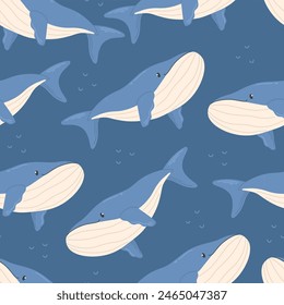 Seamless pattern with cute cartoon whales on a blue background. Vector illustration background
