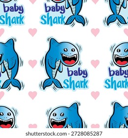 Seamless pattern with cute cartoon whales and hearts. Vector illustration for kids.