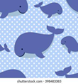 Seamless pattern with cute cartoon whales - mother and baby on blue dotted background. Vector illustration.