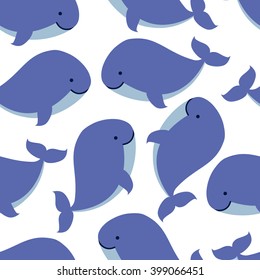 Seamless pattern with cute cartoon whales shoal on white background. Vector illustration.