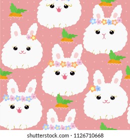 seamless pattern cute cartoon white rabbit bunny with flower  and carrot on pink background