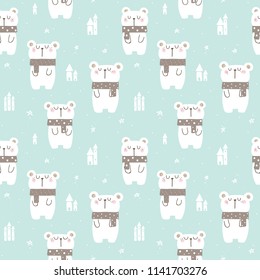 Seamless Pattern of Cute Cartoon White Bear Design on Pastel Green Background