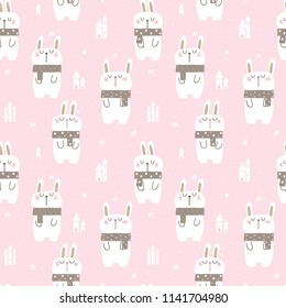Seamless Pattern of Cute Cartoon White Bunny Design on Pastel Pink Background