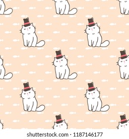 Seamless Pattern of Cute Cartoon White Cat Design on Pastel Orange Background with Fish