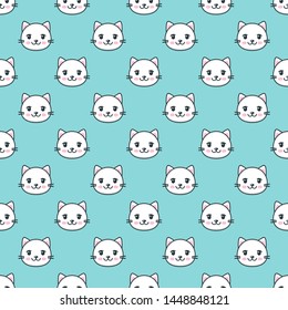 Seamless pattern with cute cartoon white cat faces