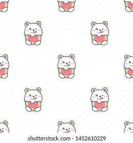 Seamless Pattern of Cute Cartoon White Bear and Watermelon Design on White Background with Pink Dots
